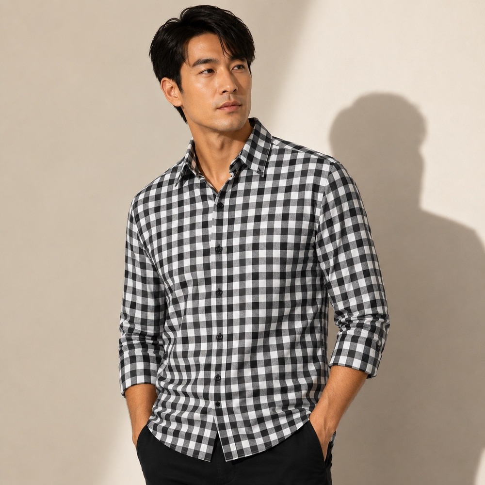 Black Brown 1826 Mens Black White Buffalo Check‎ Cotton Button Down Shirt Size M